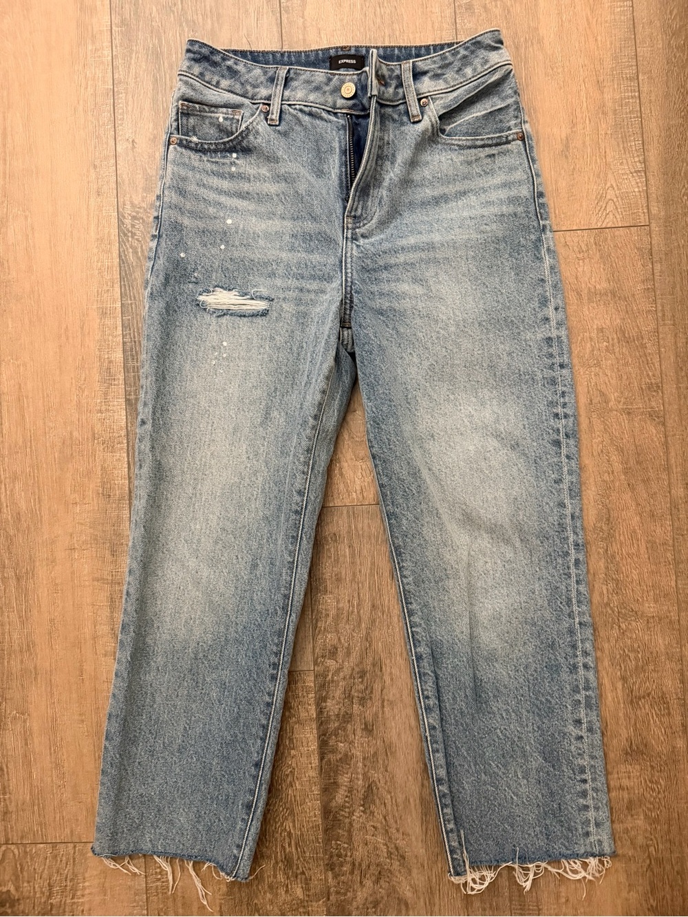 Express Light Blue Straight Leg Jeans with Distressed Detail